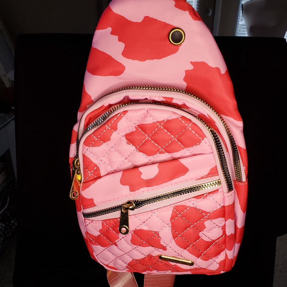 Chic Quilted Crossbody Chest Bag pink and red cow print